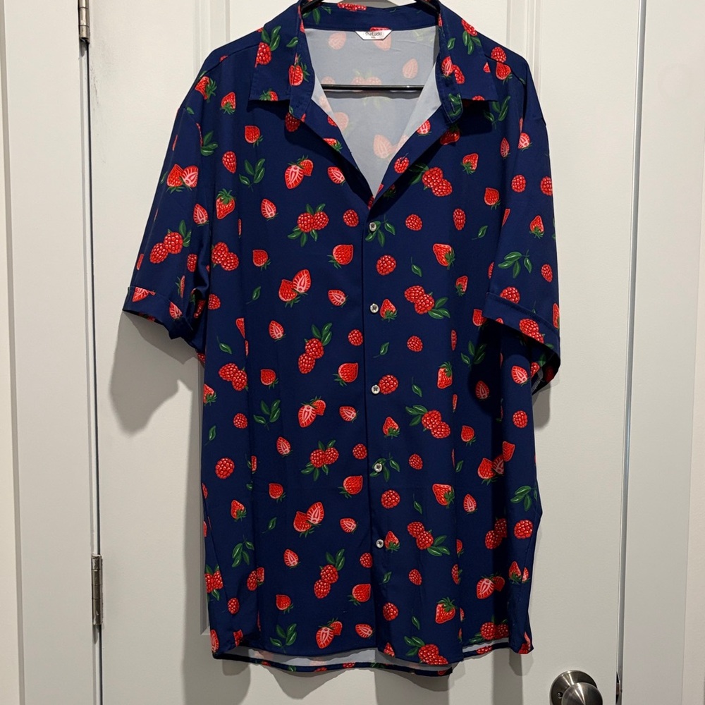 Men's Navy Short-Sleeve Button-Up Shirt with Red Strawberry Print